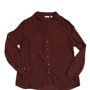 NY&Co Burgundy Utility Button Up Blouse Large Workwear Chic